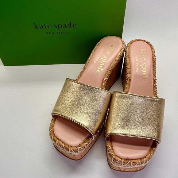 Kate Spade Cosette Cork Wedge Sandal Size 9.5B Gold Nappa Leather Slip-On - Picture 2 of 16